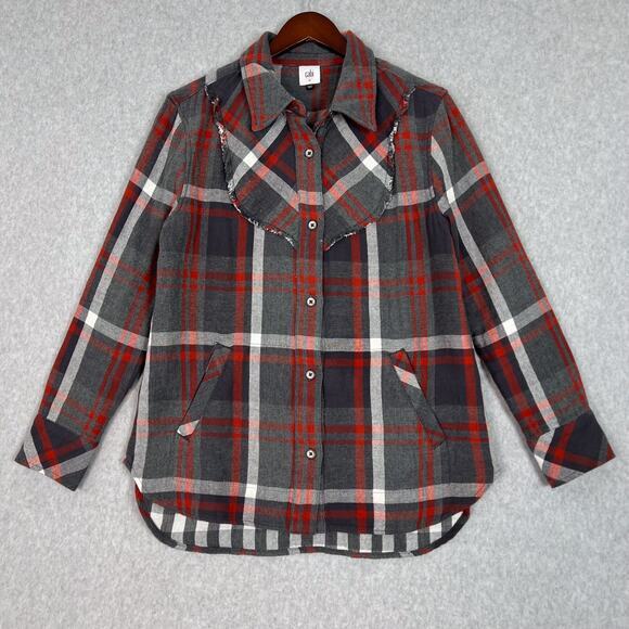 Cabi Size Medium Gray Red Plaid Double Flannel Tavern Button Up Shirt Shacket - Picture 1 of 9